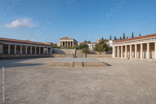 A reconstructed ancient Greek agora, empty stone plaza with a raised speaking platform at its center.