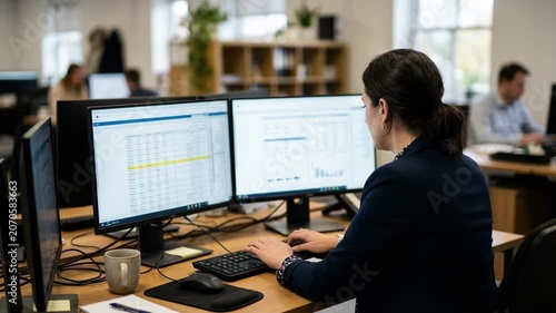 Insurance employee reviewing dual monitor screens with underwriting data cursor selecting key files foreground sharp and surroundings out of focus.