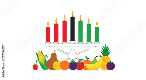 A Kwanzaa kinara with seven lit candles is displayed alongside a vibrant assortment of fresh fruits, including corn, pears, oranges, and bananas.