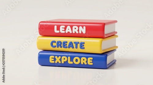 A stack of three colorful books featuring educational concepts for creative learning and development.