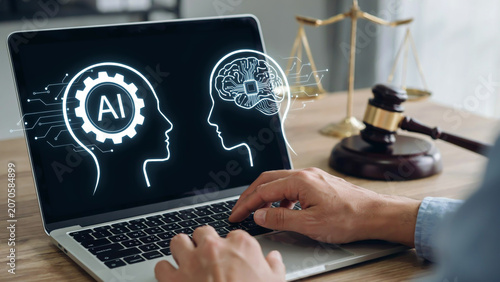Exploring the Intersection of Artificial Intelligence and Legal Systems Professional Hands Engage with AI Concepts on Laptop, Scales of Justice and Gavel in Background