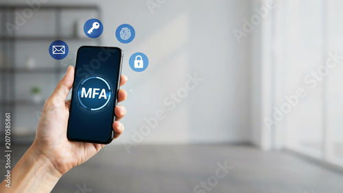 Secure digital access Smartphone displaying Multi-Factor Authentication (MFA) surrounded by security icons, emphasizing robust cybersecurity and identity verification