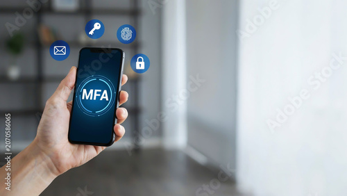 Hand Holding Smartphone Displaying Multi-Factor Authentication Security Protection Concept with Digital Interface Icons