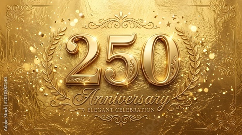 Elegant 250th anniversary celebration with gold decorations and confetti