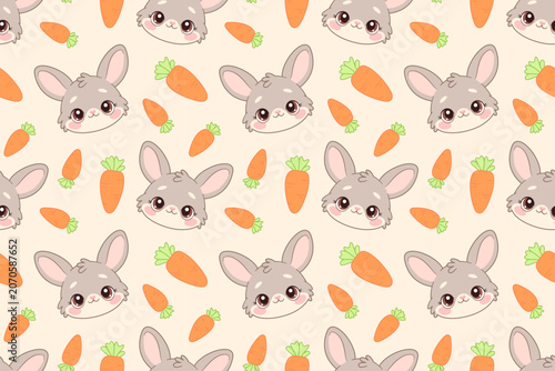 Seamless pattern with easter bunny. Cute smiling baby rabbit and carrots on beige background. Hand drawn flat style. For Easter decorations, childrens apparel, baby textile prints, wrapping paper.