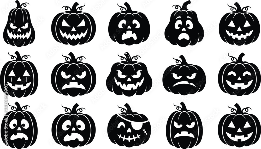 Obraz premium Black Silhouette Halloween Jack O Lantern Pumpkin Set with Various Scary and Funny Face Expressions Vector