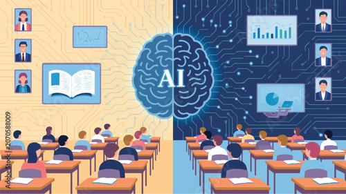 A digital illustration of a classroom divided into two distinct halves by a large glowing blue AI brain in the center 