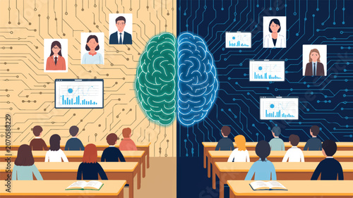A digital illustration of a classroom divided into two distinct halves by a large glowing blue AI brain in the center 