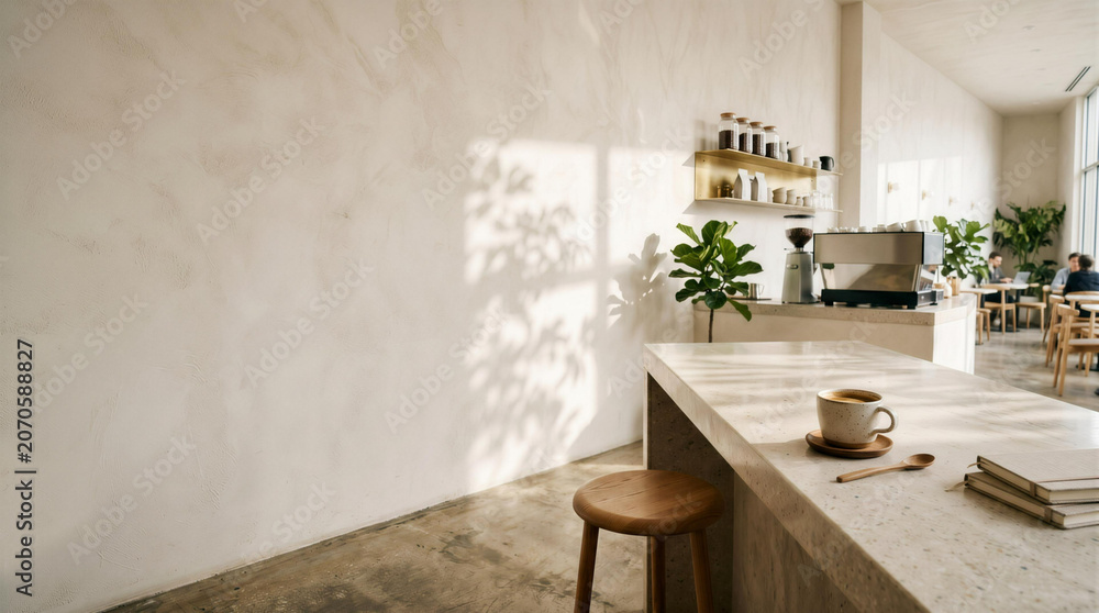 Fototapeta premium Modern minimalist cafe interior with coffee cup on counter, blank wall copy space and tree shadows