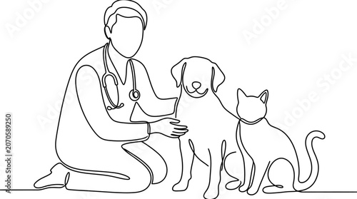 Continuous line drawing of a veterinarian examining a dog and a cat.