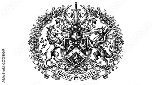 Tableau sur toile coat of arms, heraldic crest, lion and dragon, medieval heraldry, circular crest