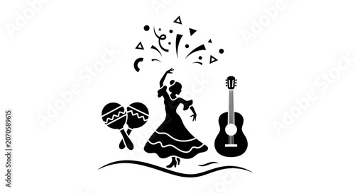 Silhouette of a Flamenco dancer with maracas and guitar.
