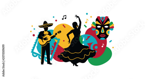 Silhouette illustration of a Mexican mariachi musician and a flamenco dancer with a colorful mask.