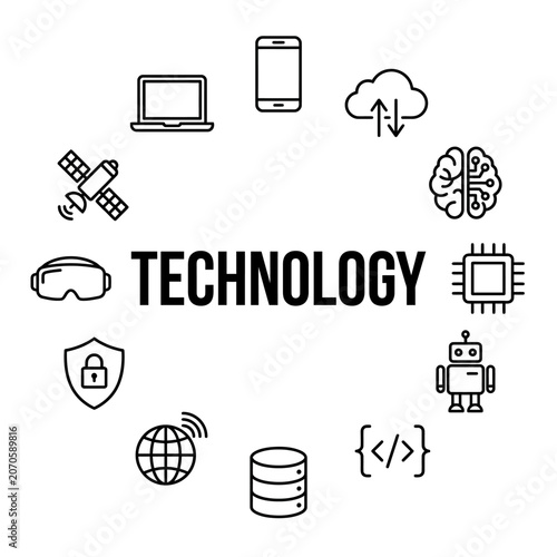 Technology icons and symbols collage.