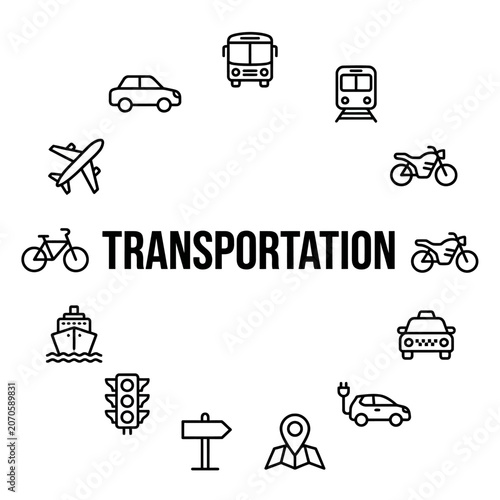 Transportation Modes and Vehicles Icon Set.