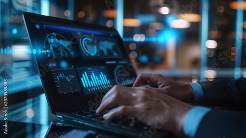 Close-up of financial analyst typing on laptop with data charts