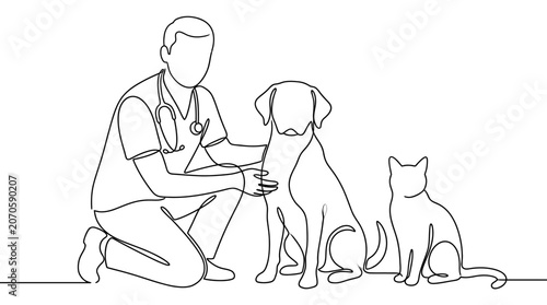 Continuous line drawing of a veterinarian examining a dog and a cat.