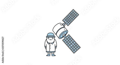 Astronaut standing next to satellite.