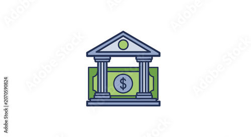 Bank Building Icon with Dollar Sign.