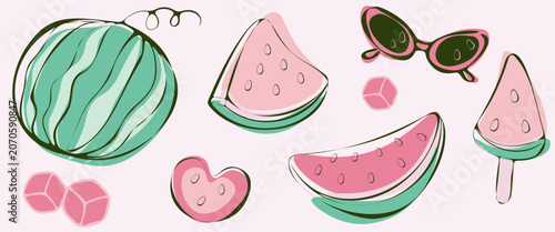 Hand drawn summer watermelon clip art set in an offset line art style. Striped watermelon, sliced wedges, heart shape, ice cream, and cat eye sunglasses in a soft pastel pink and mint green palette.