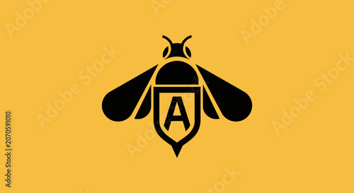 Foto Minimalist bee logo with shield and letter A on yellow