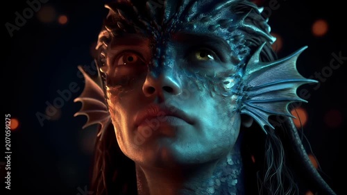 Fantasy, mysterious, wallpaper. A closeup portrait of a humanoid creature with detailed dragonlike features. The creatures skin is a blend of blue and black.