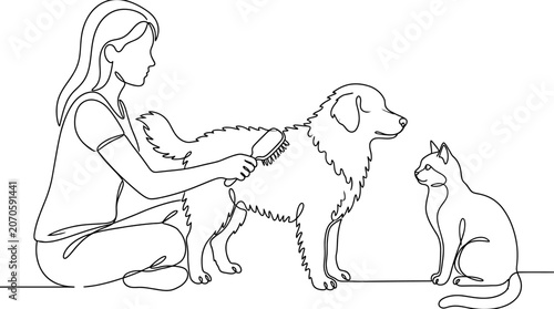Continuous line drawing of a woman grooming her dog and cat.