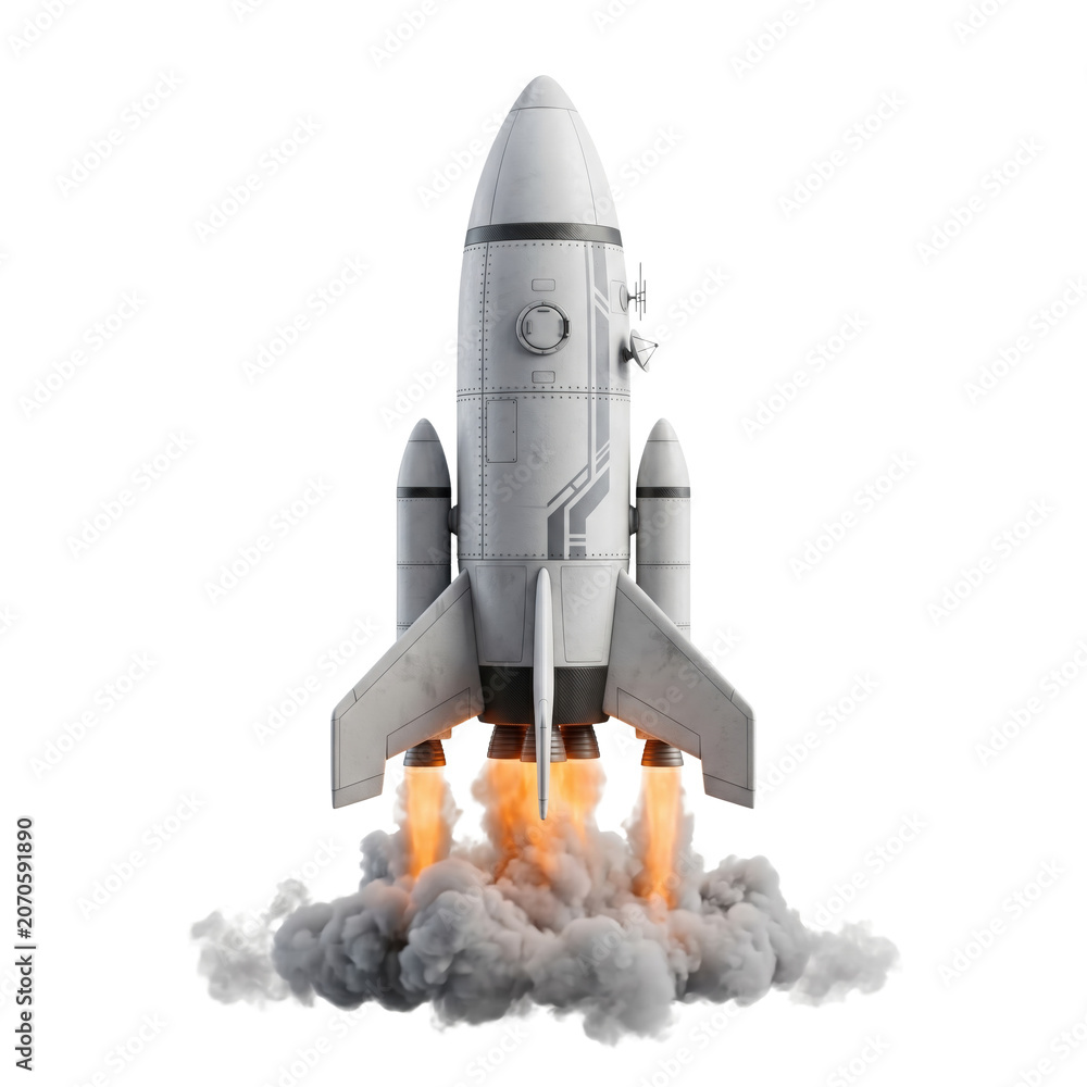 Fototapeta premium White space rocket launching with smoke on transparent background