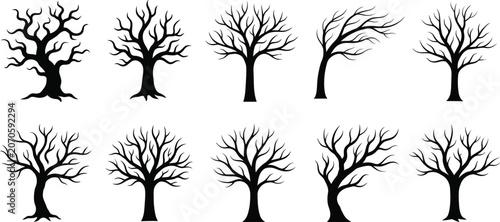 Bild auf Leinwand Bare Winter Tree Silhouettes Dead Branch Vector Set