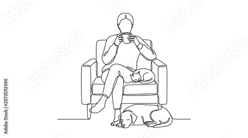 Continuous line drawing of a person sitting in an armchair with pets.