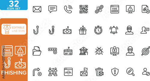 Phishing line editable Icons set. Vector illustration. Contain icons related to phishing, scam, thief, cybercrime, password hacking, money theft, data leakage, and more. on transparent background.