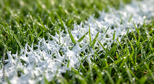 White Painted Line on Green Soccer Field Grass with Dew.