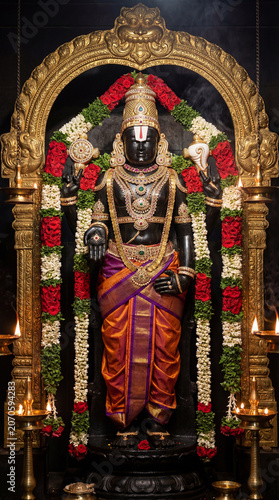 Spiritual depiction of Lord Balaji in a peaceful temple sanctum with ornate archway.