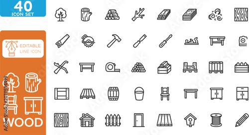 Wood working line editable Icons set. vector illustration. 40 editable line icons for carpentry and woodcraft. on transparent background.