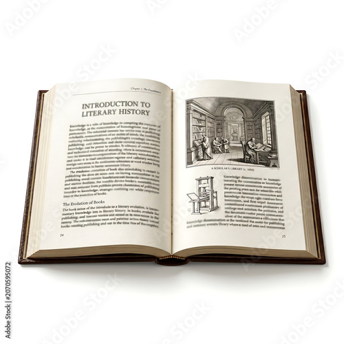 Open vintage book with literary history and illustrations