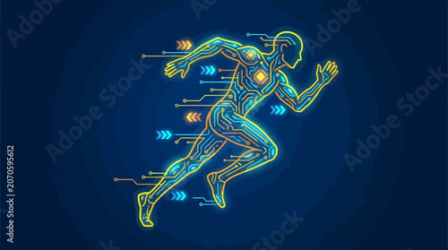 A glowing neon cybernetic human figure running forward with bright circuit board patterns and futuristic data lines in vibrant colors