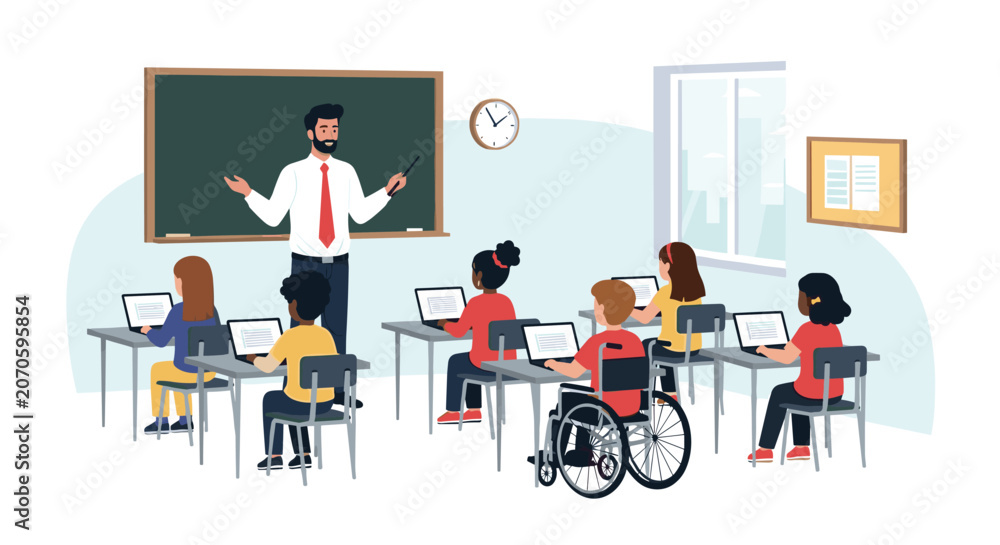 Fototapeta premium Teacher instructing students in a modern classroom using laptops and digital technology for inclusive education.