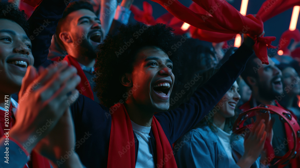 Obraz premium Crowd cheering beneath dramatic blue lighting