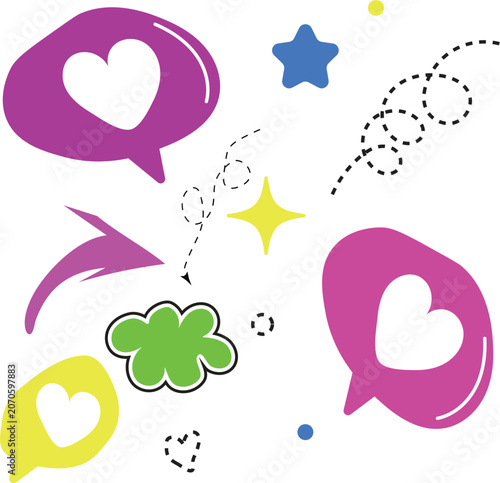 Hand drawn cute speech bubbles with hearts and star doodles eps vector set