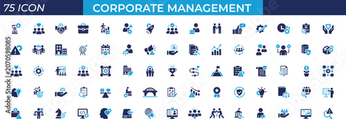 Photos Corporate management and business strategy solid icon set featuring leadership, governance, ethics, organization, and growth concepts