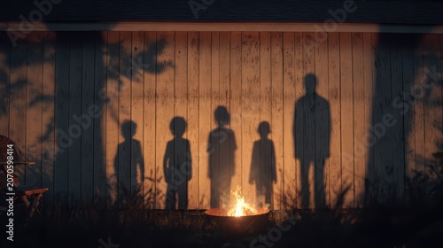 Shadows of Togetherness: A family's silhouette dances on a rustic wooden wall, their shadows projected by the warm, flickering light of a campfire, evoking feelings of unity and togetherness.