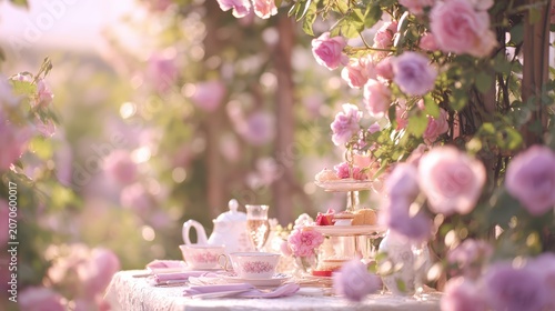 Enchanting Rose Garden Tea Party: A delicate tea set, adorned with floral patterns, awaits on a lace-covered table amidst a dreamy garden overflowing with soft pink and lavender roses.