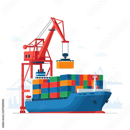 Photos A large industrial crane loading cargo containers onto a transport ship at a har