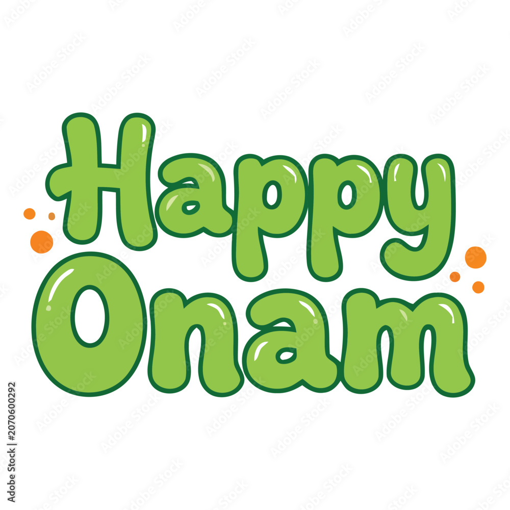 Fototapeta premium Happy Onam festive greeting in a bubbly green font with orange accents isolated on transparent background