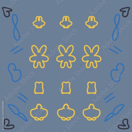 Minimalist kawaii seamless pattern with pastel yellow line art elements on light blue background