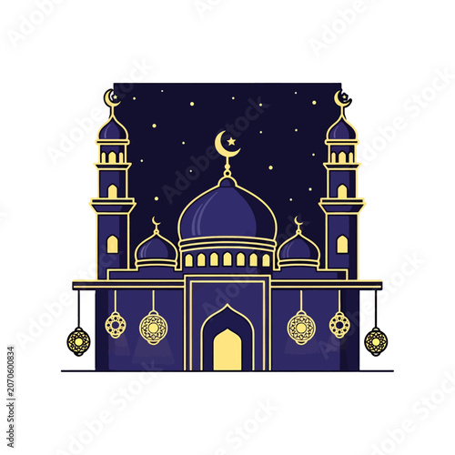 A stylized illustration of a traditional building with domes at night