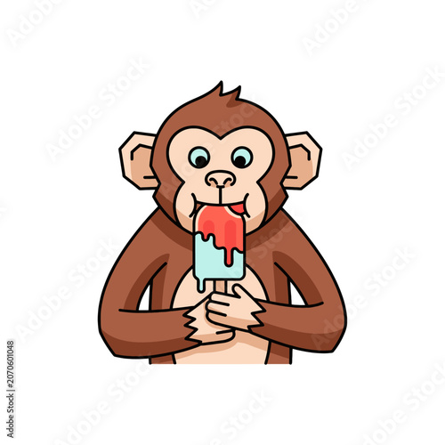 A cute cartoon monkey eating a colorful fruit popsicle treat