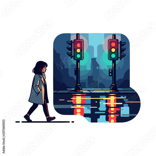 A young woman walks past a glowing traffic signal on a rainy city street at night