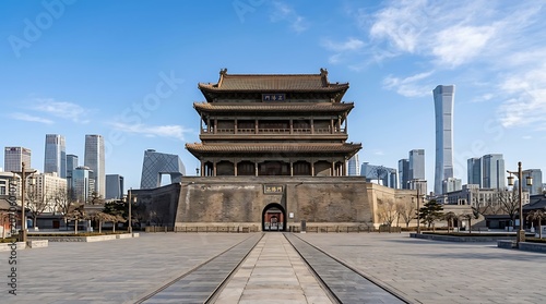Ancient Chinese watchtower in Beijing with modern city skyline in the background