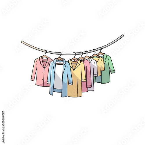 A collection of colorful jackets hanging on a curved metal clothing rack